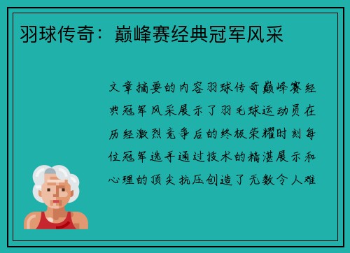 羽球传奇：巅峰赛经典冠军风采